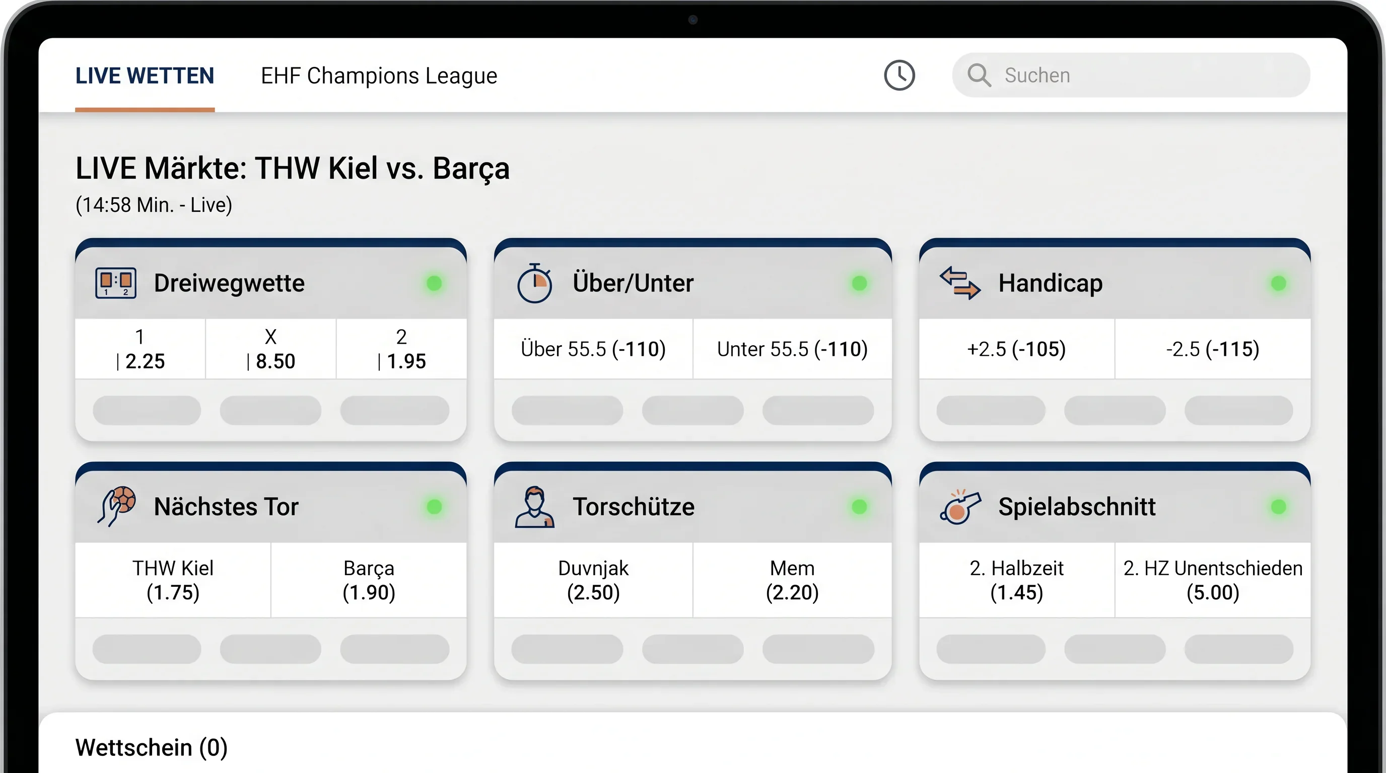Live-Märkte bei EHF Champions League: Dreiwegwette, Über/Unter, Handicap und Sonderwetten im Überblick