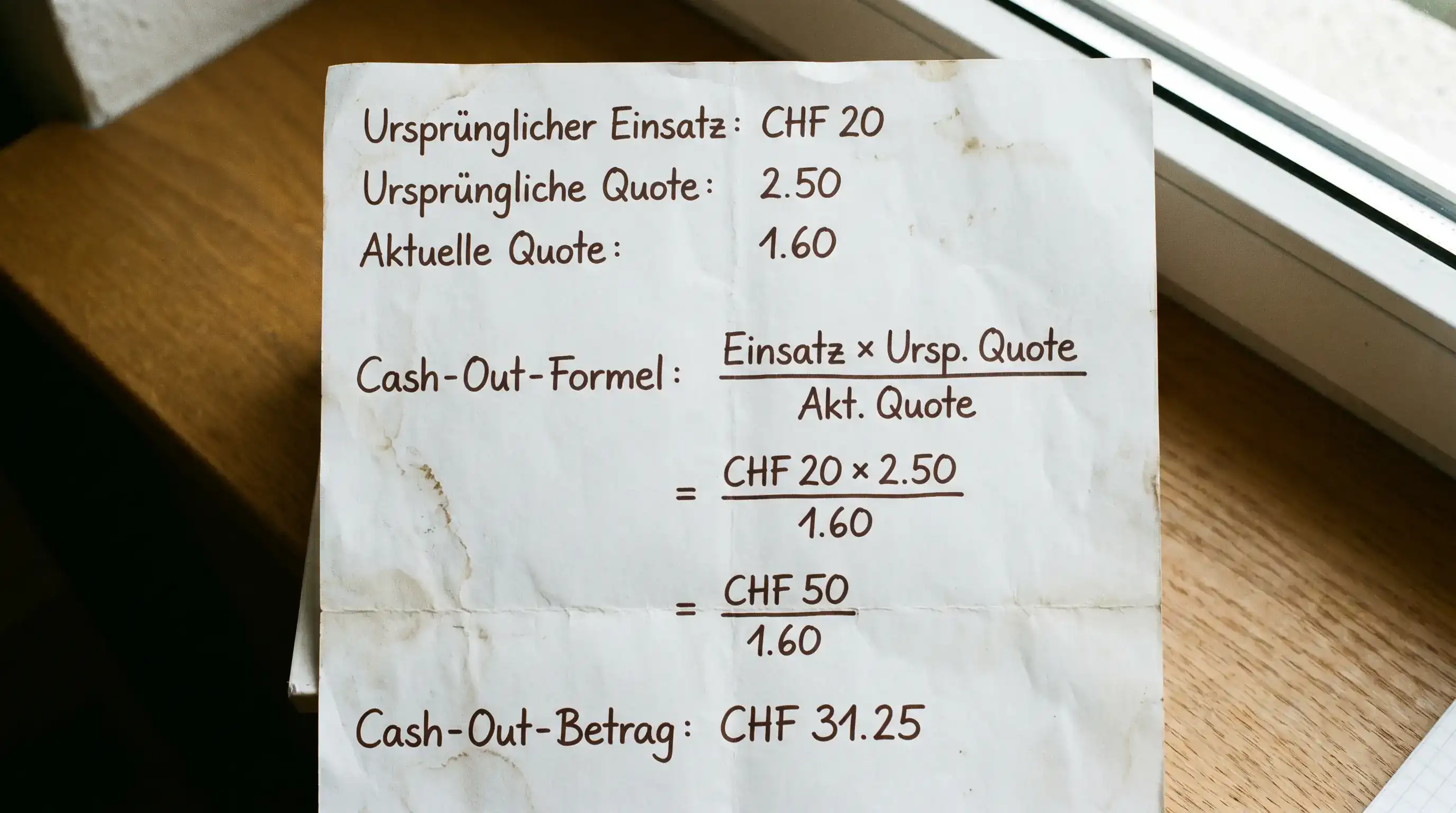 Berechnungsformel für den Cashout-Betrag bei einer laufenden Handball-Wette mit Beispielzahlen