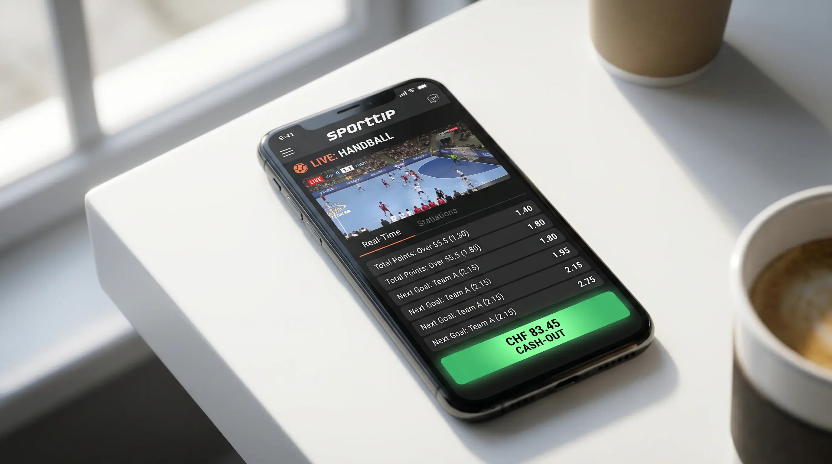 Sporttip-Plattform auf Smartphone mit Handball-Live-Wetten-Ansicht und Cash-Out-Angebot