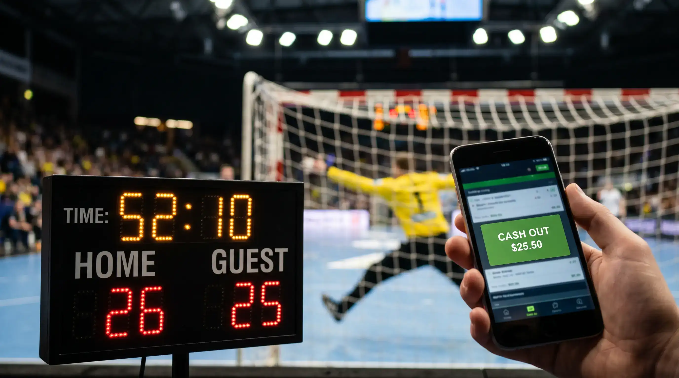 Handball-Spieluhr zeigt letzte Spielminuten — kritischer Zeitpunkt für die Cash-Out-Entscheidung bei Live Wetten