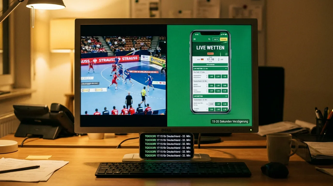 Handball-Livespiel auf einem Bildschirm mit sichtbarem Stream-Delay-Hinweis neben einer Livewetten-App