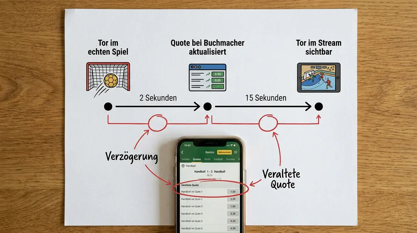 Zeitstrahl zeigt wie Handball-Live-Quote sich nach einem Tor verändert während Stream-Betrachter die Szene noch sehen