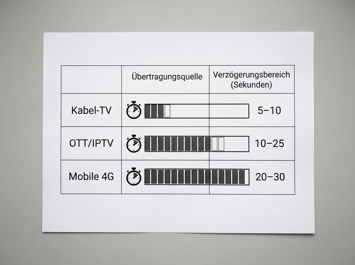 Vergleichstabelle der Stream-Delay-Werte verschiedener Übertragungskanäle beim Handball Livewetten