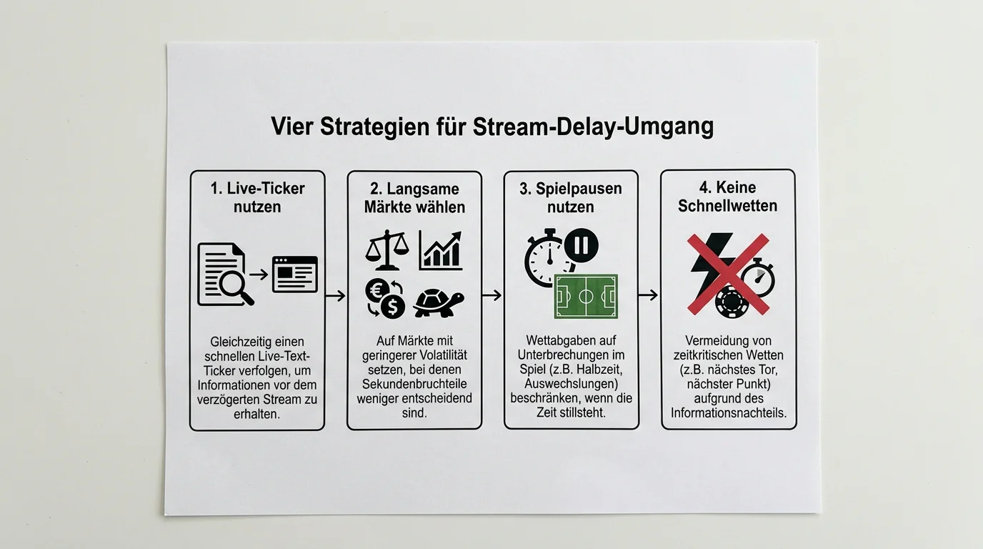 Vier Strategien zum Umgang mit dem Stream-Delay beim Handball Livewetten visualisiert als Schritt-für-Schritt-Grafik