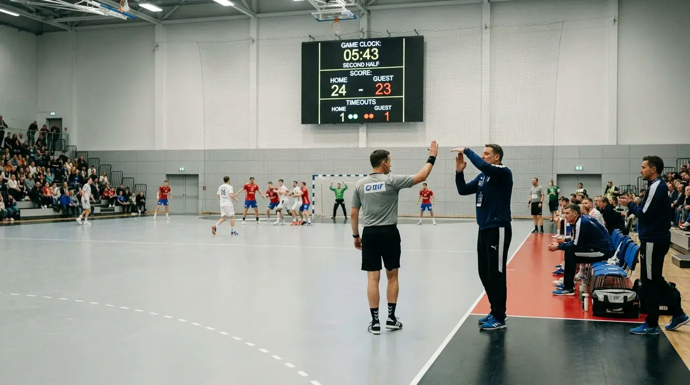 Handball Team-Timeout Regel – Trainer beantragt Spielunterbrechung am Spielfeldrand
