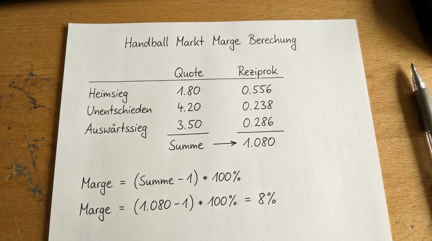 Berechnung der Buchmacher-Marge bei Handball-Wettquoten mit Beispiel eines 1X2-Markts und Overround-Wert