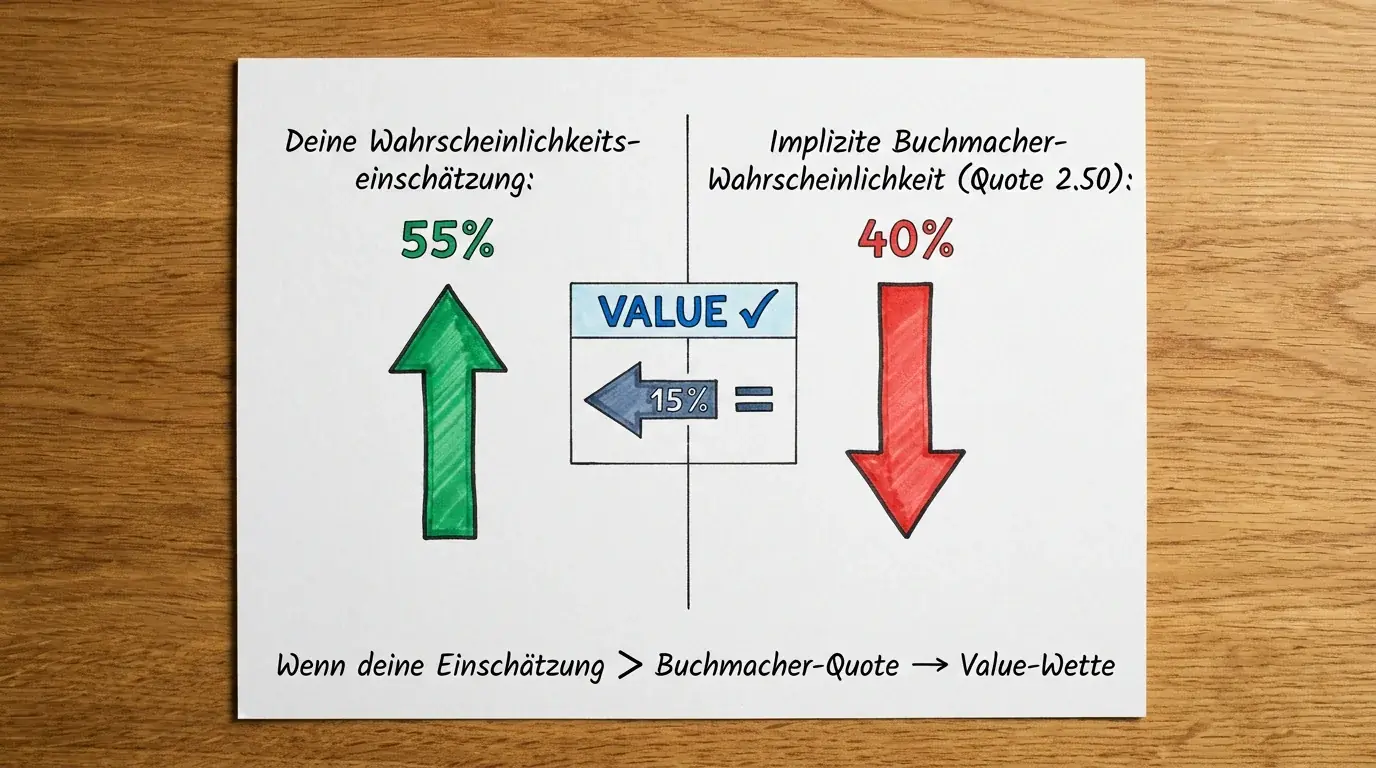 Konzeptuelle Darstellung von Value Betting beim Handball mit eigenem Wahrscheinlichkeitsurteil versus impliziter Buchmacher-Quote