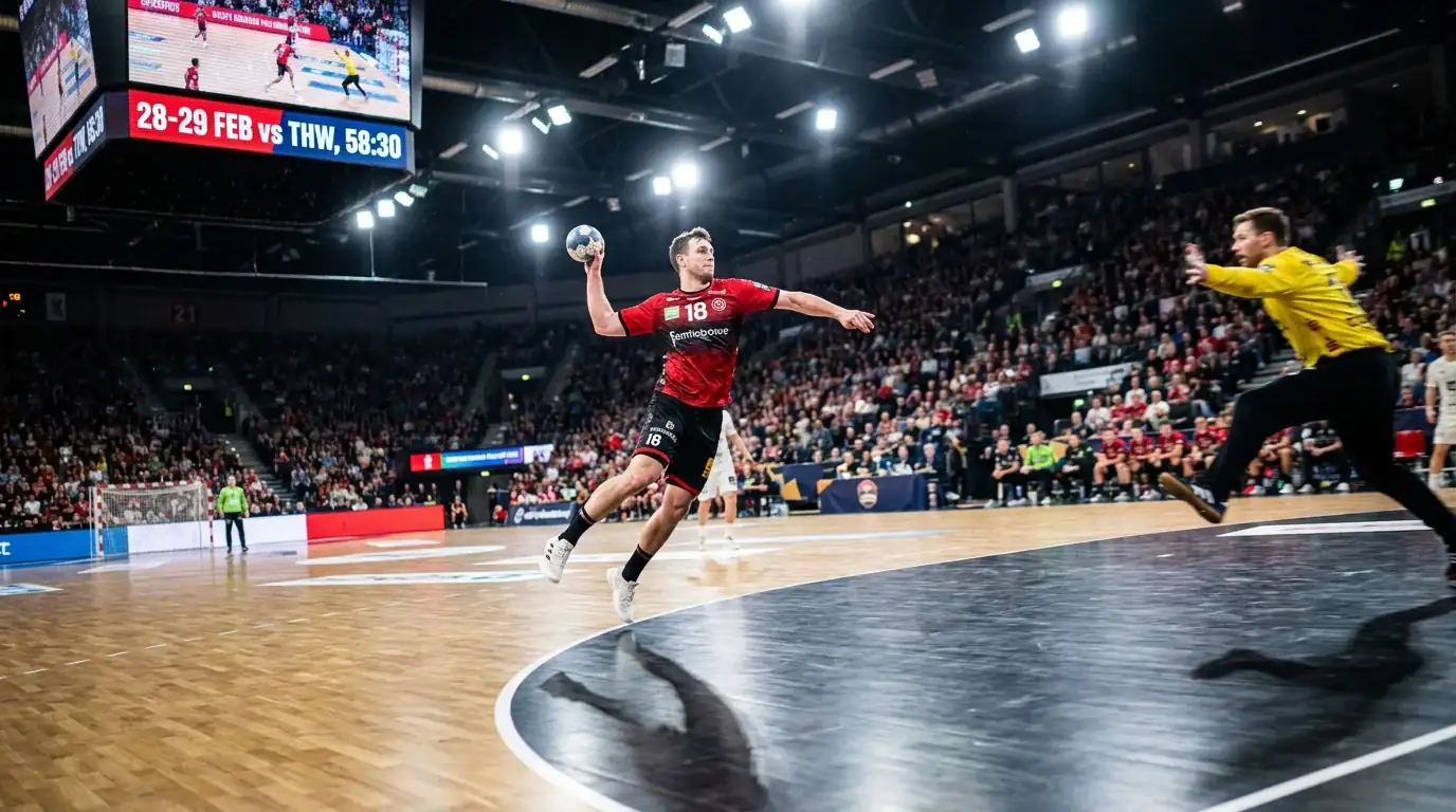Handball Live Wetten Online: Spieler beim Torwurf in einer Bundesliga-Partie, Livewetten im Fokus