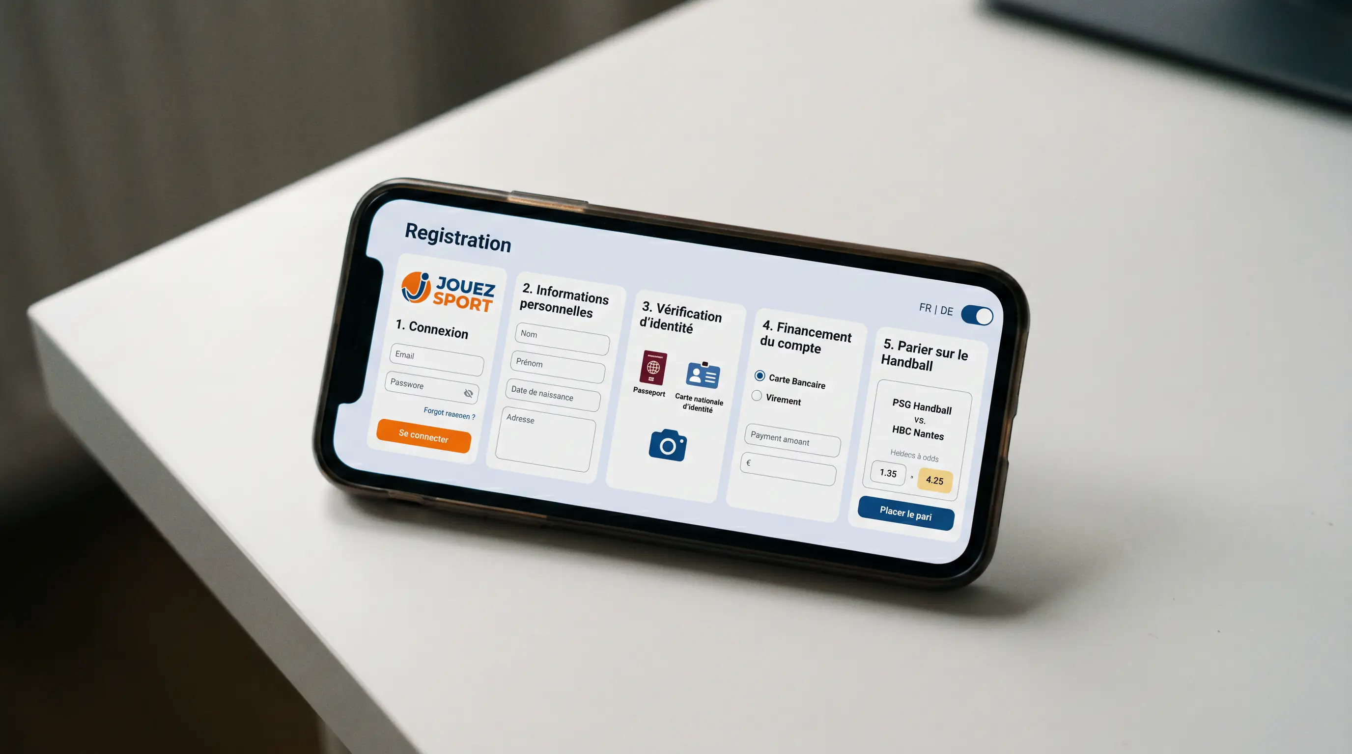 Jouez-Sport-Kontoeröffnung Schritt für Schritt auf Smartphone mit Handball-Wetten-Auswahl in der Westschweiz
