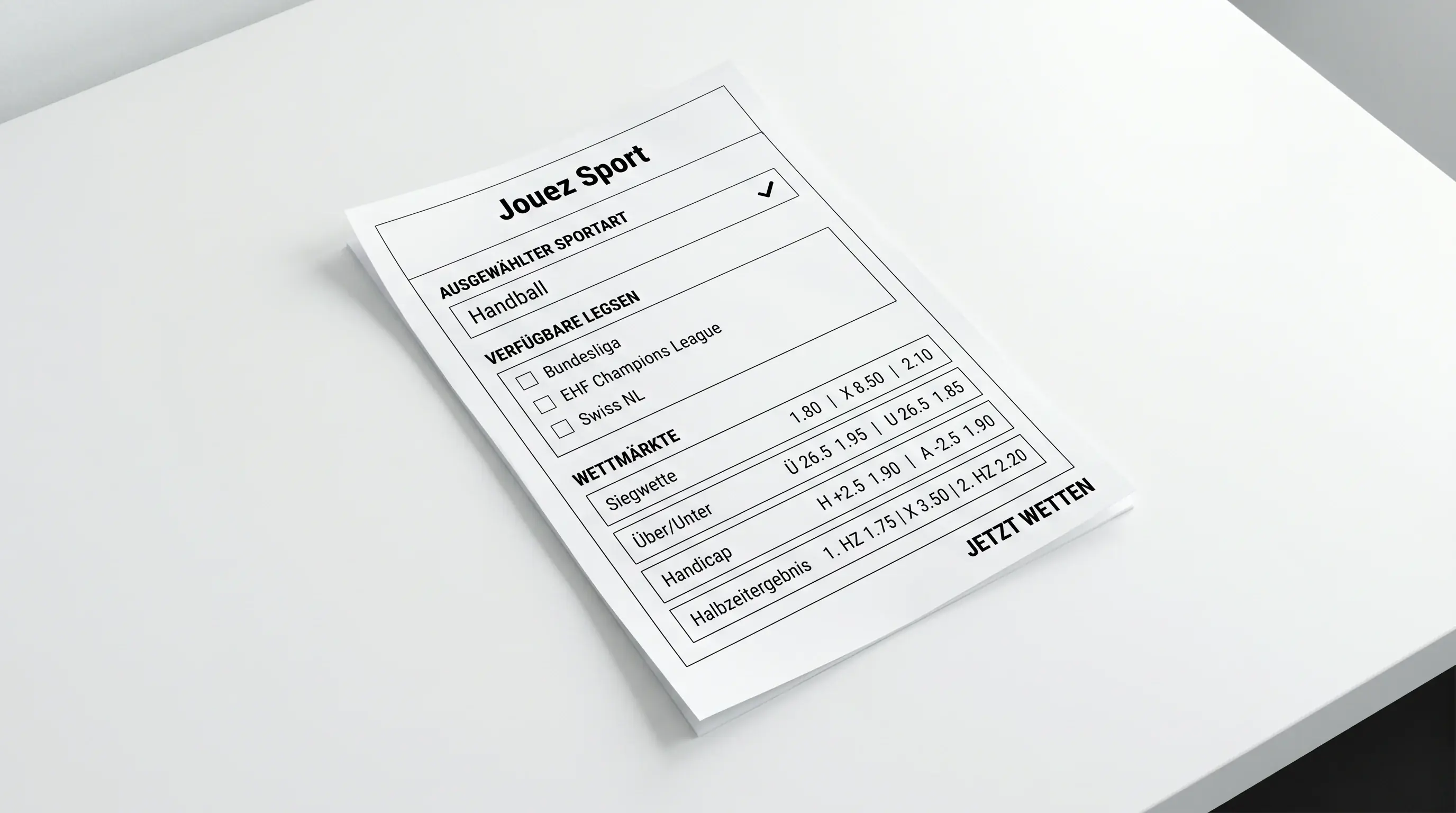 Jouez-Sport-Wettplattform mit Handball-Liga-Übersicht und verfügbaren Märkten wie 1X2 und Über/Unter