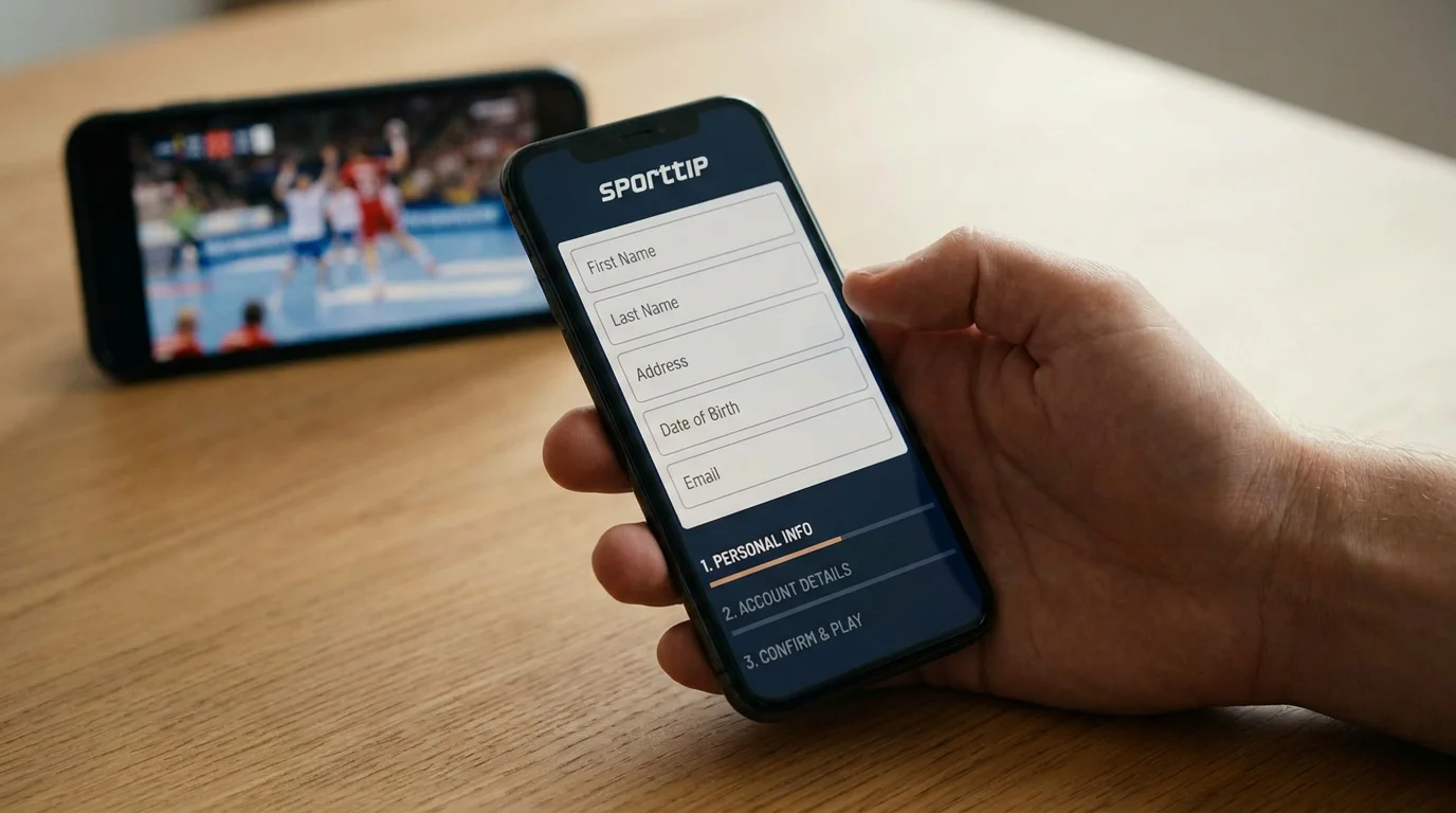 Registrierungsprozess bei Sporttip Schritt für Schritt mit Smartphone-Darstellung der Kontoeröffnung