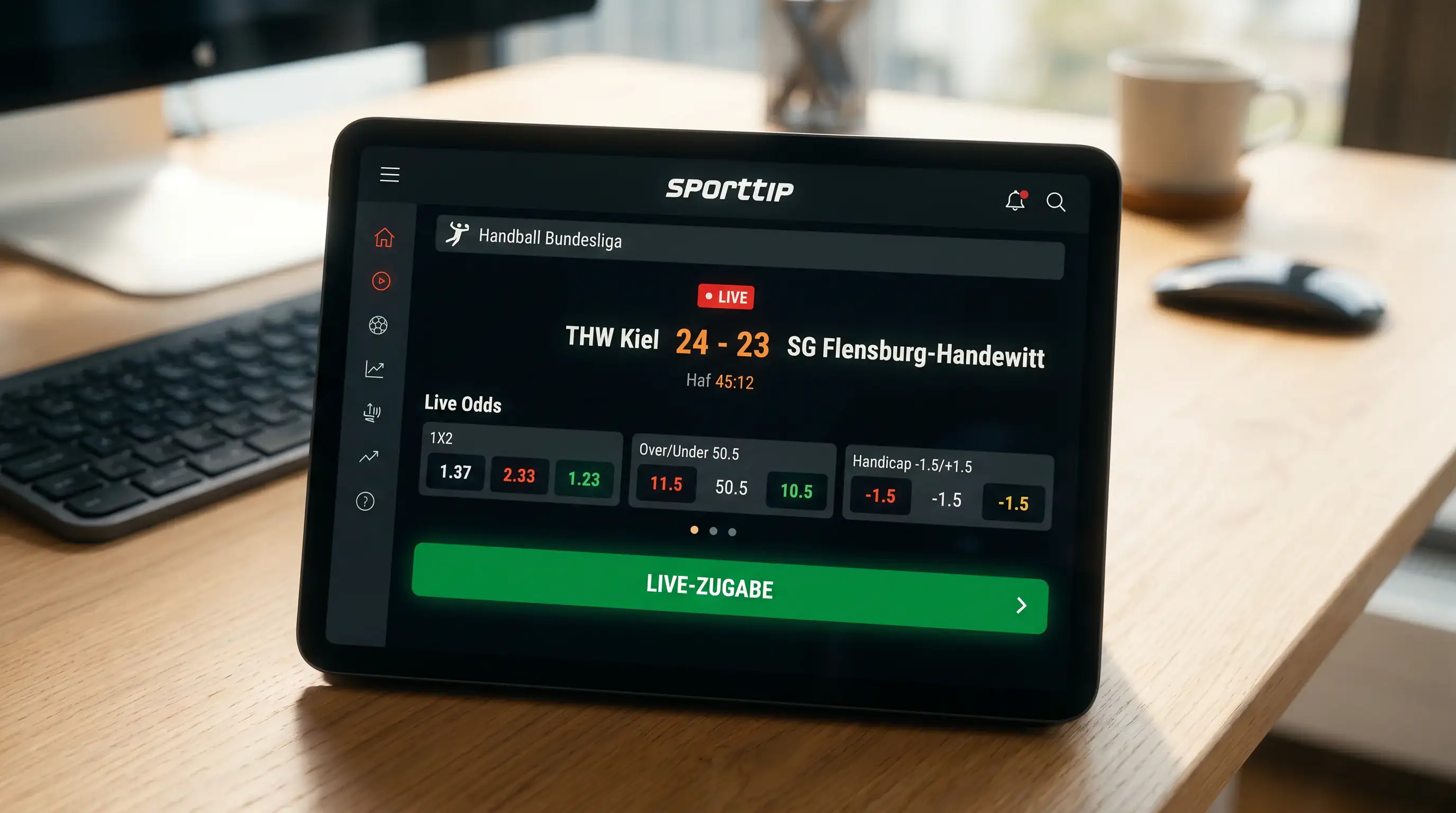 Sporttip Live-Wetten-Interface auf einem Tablet während eines Handball-Bundesliga-Spiels mit aktuellen Quoten
